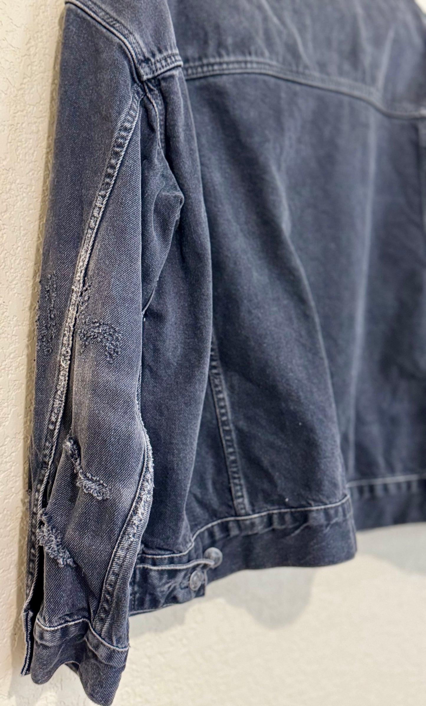 We The Free Distressed Oversized Denim Trucker Jacket - sz L