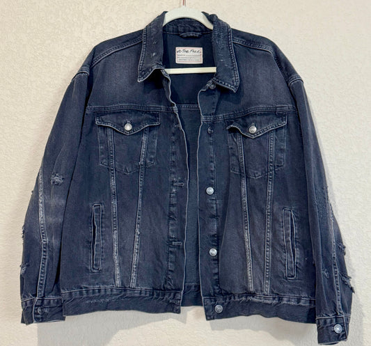 We The Free Distressed Oversized Denim Trucker Jacket - sz L