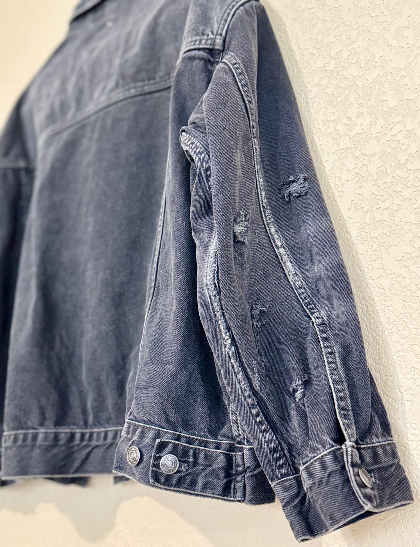 We The Free Distressed Oversized Denim Trucker Jacket - sz L