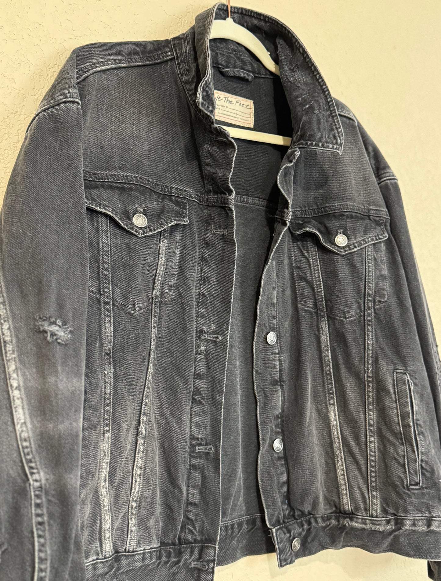 We The Free Distressed Oversized Denim Trucker Jacket - sz L