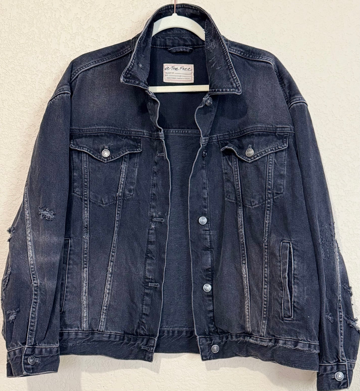 We The Free Distressed Oversized Denim Trucker Jacket - sz L